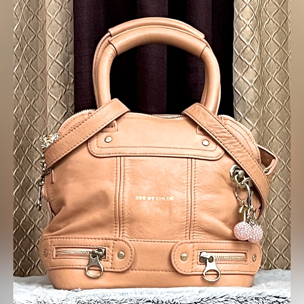 See By Chloe Salmon Peach Leather Top-Handle Mini Satchel w/crossbody strap
